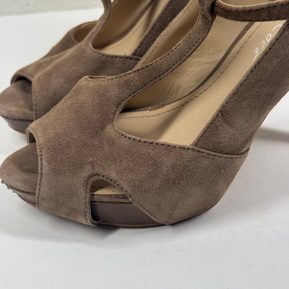 Kenneth Cole Platform Heels T-Strap Taupe Suede Peep Toe Heel Size 8.5 - Picture 9 of 14
